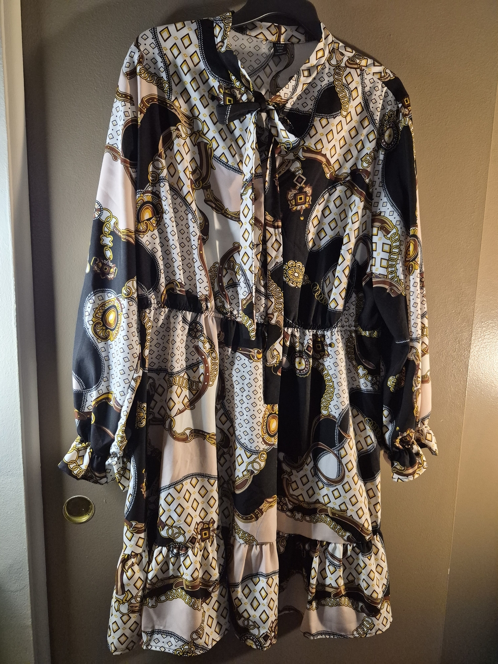 SHEIN Black, White & Gold Tie-Neck Long Sleeve Dress